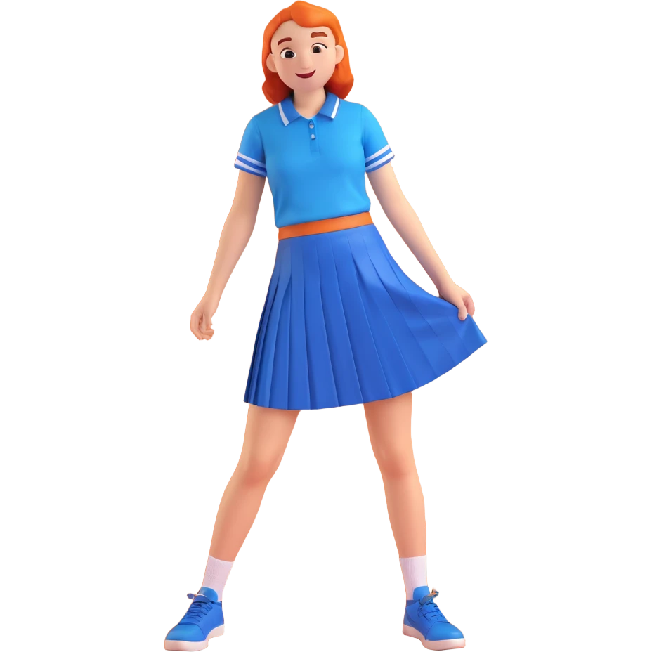 blue pleated school skirt with visible knees, cheerful and rebellious, all-girls school vibe, no text emoji