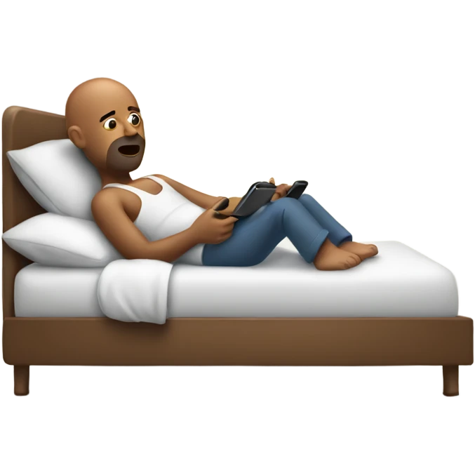 Bald brown man being lazy in bed with phone in hand emoji