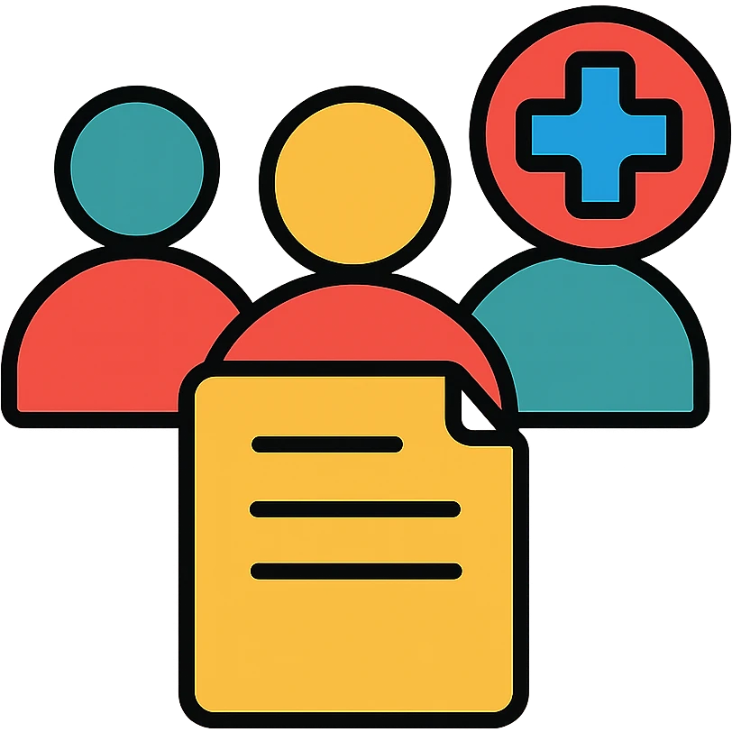 Medical committee with documents and emergency medical cross symbol emoji