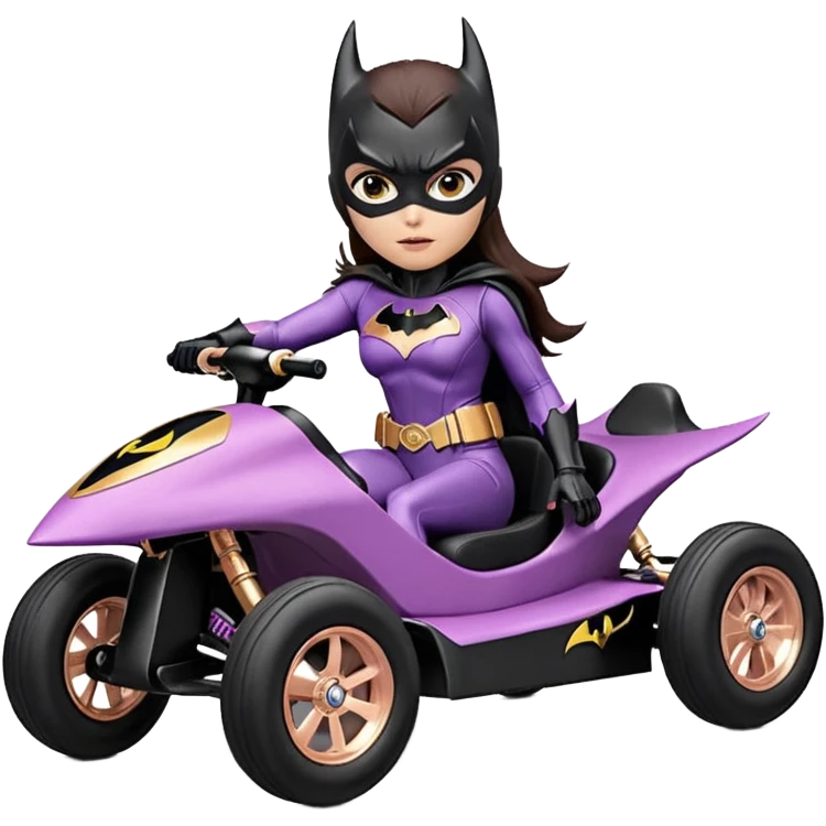 Hot full size real size-appearance electric road racing sexy BatGirl’s feminine midnight-colored tight outfit sixty’s tv show serious dark stealthy sporty safe plush deluxe off-road pursuit cruiser car rose gold accents (black hair,reclined and relaxed torso and shoulders seating position) go kart  emoji