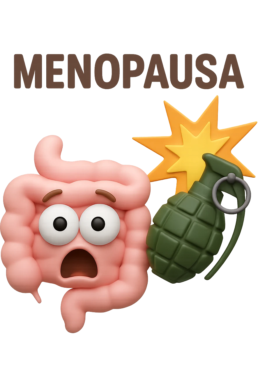 EMOJI STILE IPHONE 3D DI INTESTINO 3D CON ESPRESSIONE SCIOCCATA IN VOLTO MENTRE ACCANTO A LUI SCOPPIA UNA GRANATA 3D CON LA SCRITTA "MENOPAUSA" SOPRA, FAGLI ANCHE LA PARTE BIANCA DEGLI OCCHI, NON SOLO LA PUPILLA emoji