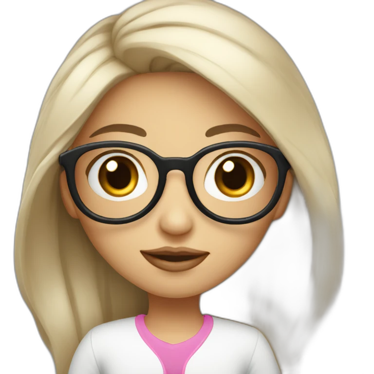 girl programmer with black wavy long hair and white skin and pink lipsand big eyes and Iranian face with rounded glasses emoji