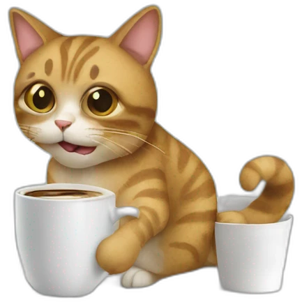 cat working on a large computer holding a coffee cup emoji