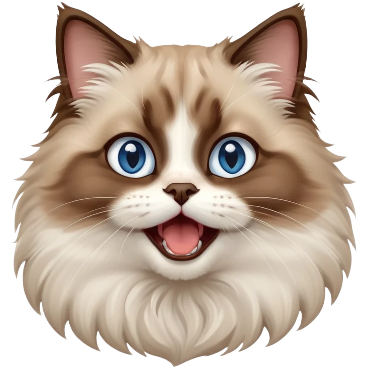 cinematic-adorable-big-eyed-fluffy-brown ragdoll-cat-portrait-emoji,-head-tilted-playfully-with-a-cute,-yawn,-white and brown fur,-simplified-yet-irresistibly-cute-features, blue eyes emoji