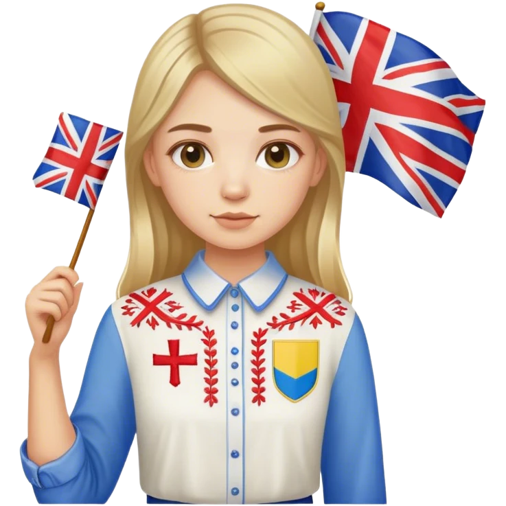 A Ukrainian girl wearing an embroidered shirt holds a British flag emoji