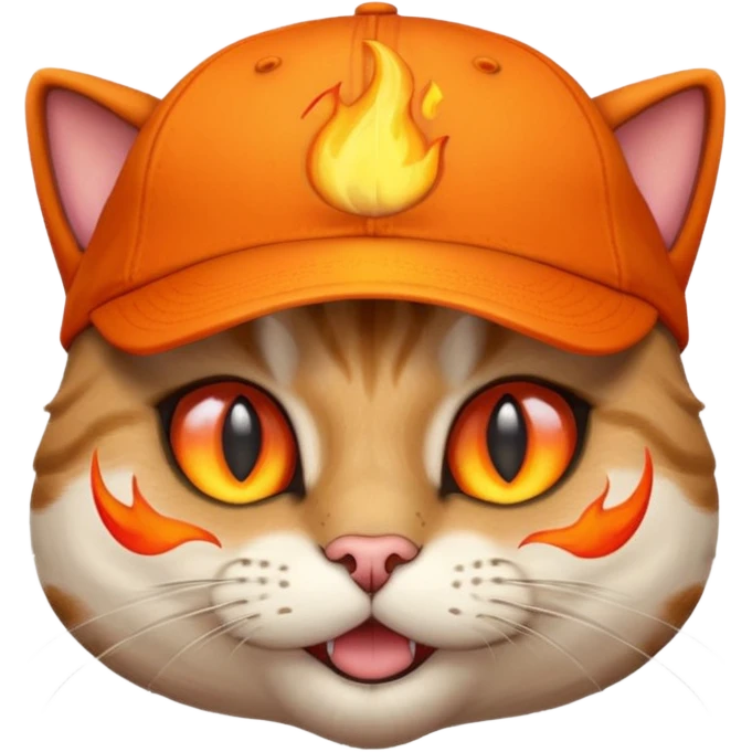 Cat with the flames in his eyes with a orange baseball hat on his head emoji