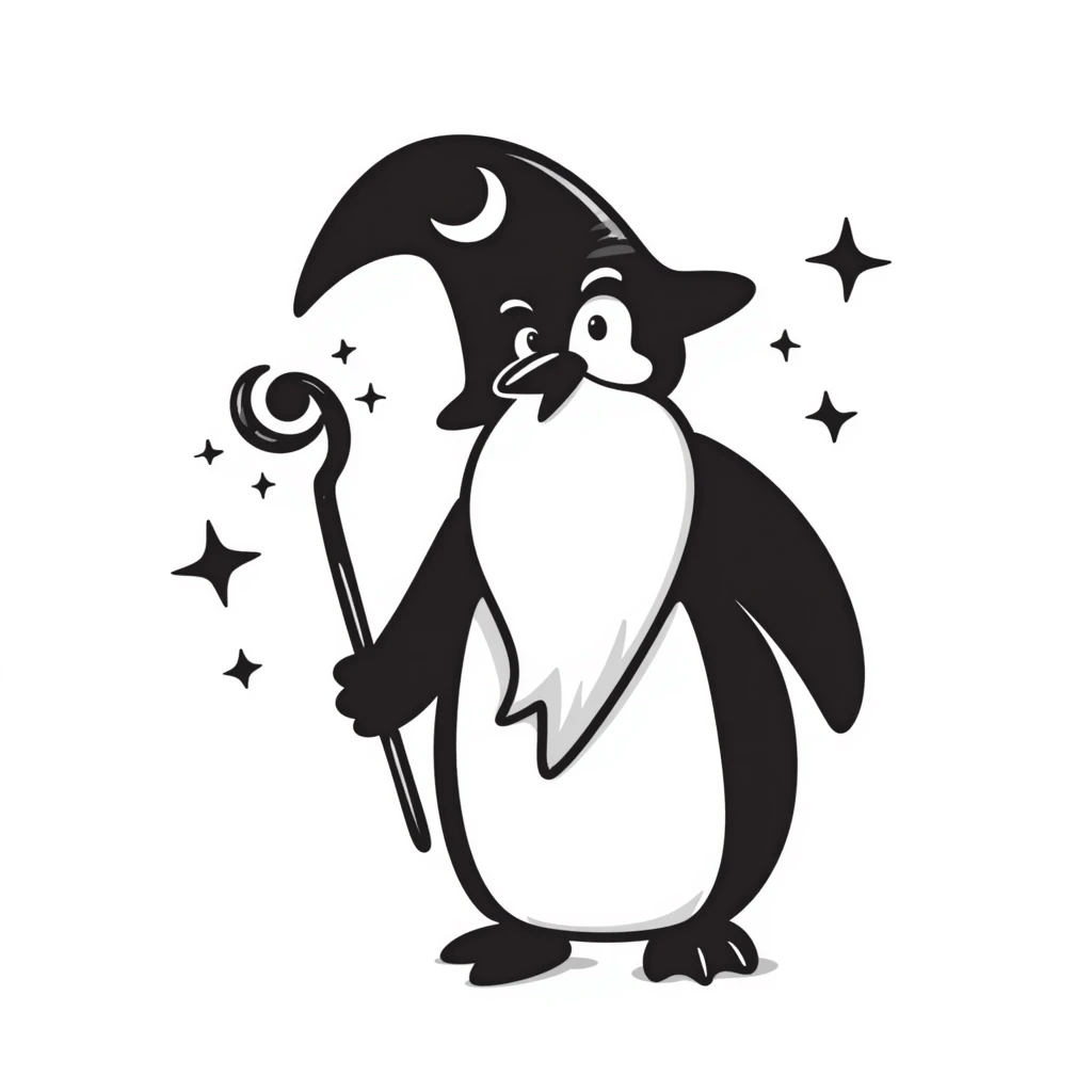 a penguin wizard with a long white beard, pointed hat, and magical staff emoji