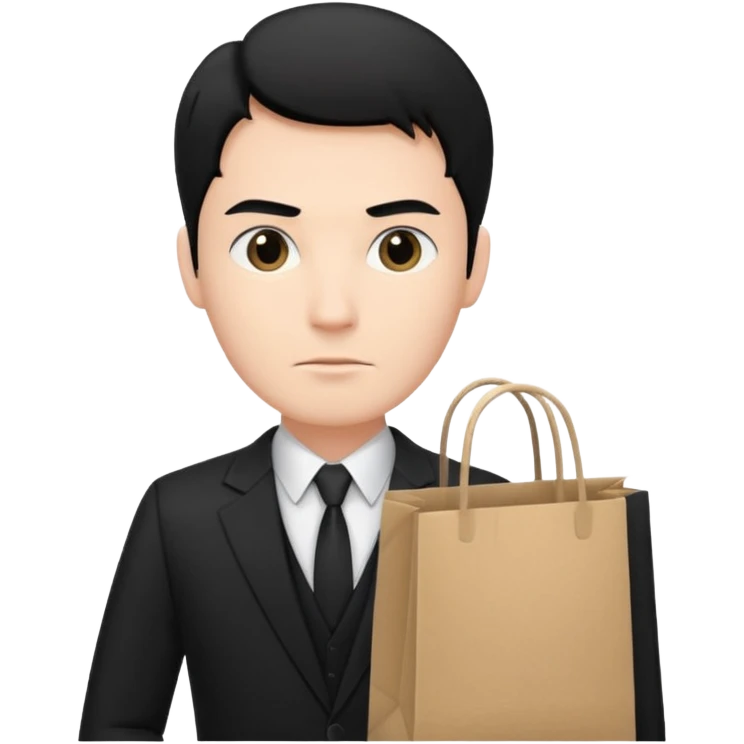 elegant serious man black hair in a black suit with clothing shopping bag emoji