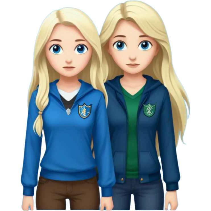 a pretty ravenclaw girl with long dark brown hair and blue eyes standing with a hot Slytherin girl with long blonde hair, blue eyes and big boobs  emoji