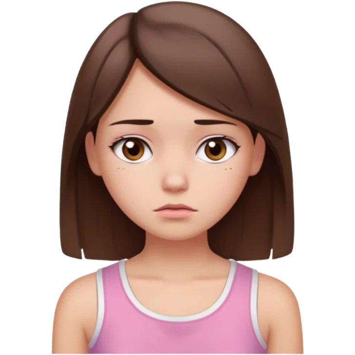 Koyu kahverengi orta boyda düz saçlı koyu kahverengi gözlü pembe beyaz crop tişört kıyafetli  açık tenli kız mutsuz emoji