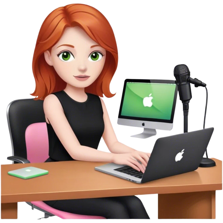 Redhead with green eyes sat at desk with pink MacBook and  podcast microphone black top and pink chair  emoji