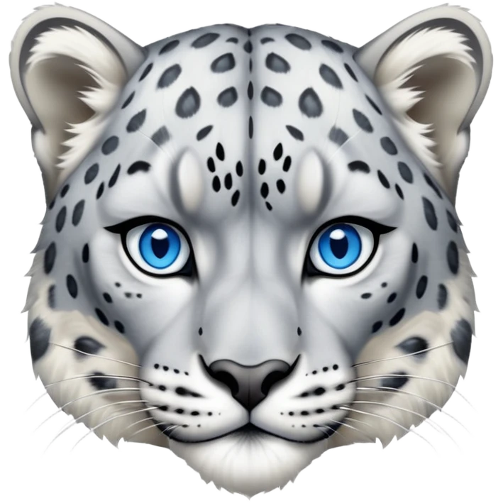 Cinematic-Noble-Snow-Leopard-Portrait-Emoji – Poised and majestic, with a muscular, agile build and a beautifully patterned coat of soft white and grey fur, marked with striking, deep-set, intelligent icy blue eyes, simplified yet sharp and sophisticated zoomed out showing the shoulders emoji
