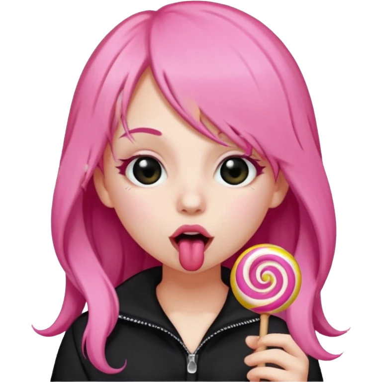 Cute girl with long pink hair wearing black licking a lolli emoji
