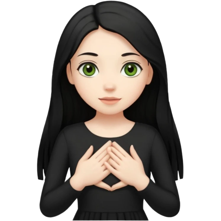 Pale girl with long black hair and olive green eyes soft smile wearing black dress and holding hands over her chest emoji
