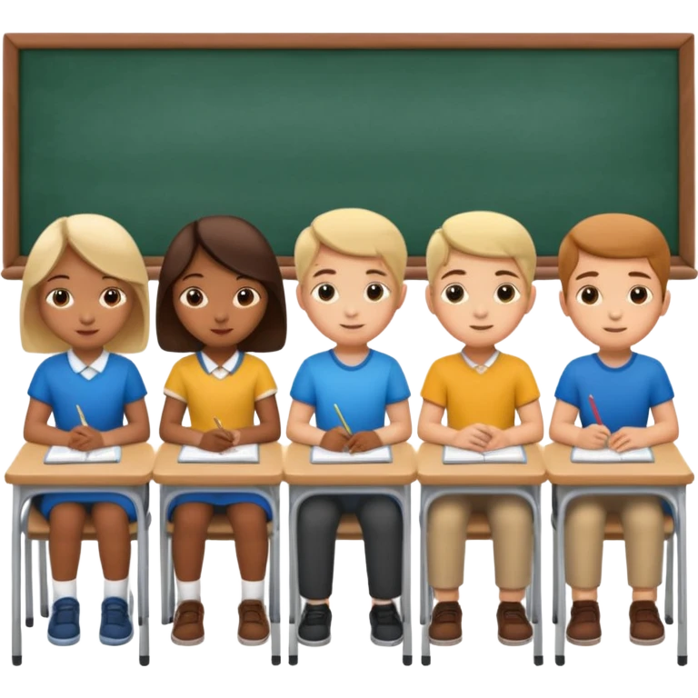 five school children not wearing uniform sitting in a row behind their school desks emoji
