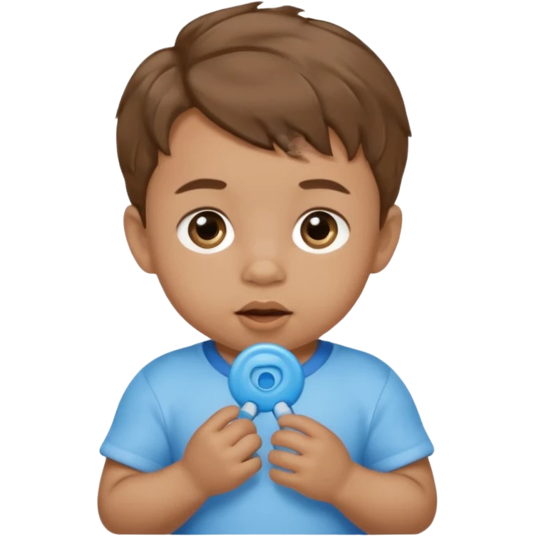 A boy baby with light brown skin, short wavy light-brown hair, wide brown eyes, and a blue pacifier.  emoji