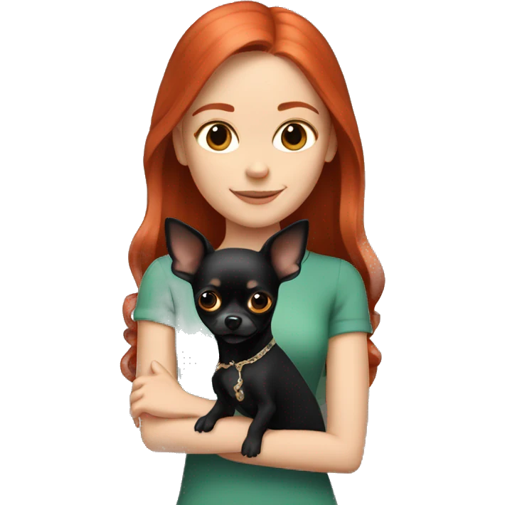 White girl with red hair holding black chihuahua  emoji