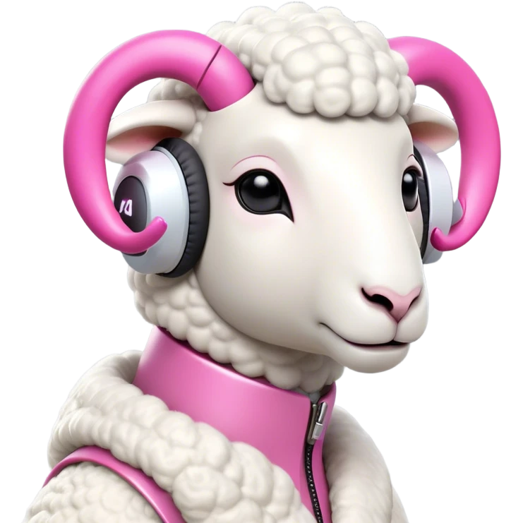 Sheep character with minimalist features and a distinctive high-tech earpiece that wraps around one ear. The earpiece should be sleek, futuristic and neutral-colored (silver or white) that complements the sheep's clean white body. The sheep has a trendy asymmetrical wool haircut dyed vibrant pink, with one side featuring an undercut style. The sheep wears simple, minimalist clothing without bold colors. Simple, bold shapes with minimal details but with a confident, slightly smirking expression that gives off a true trendsetter vibe - like this sheep is always ahead of the curve and knows it. emoji