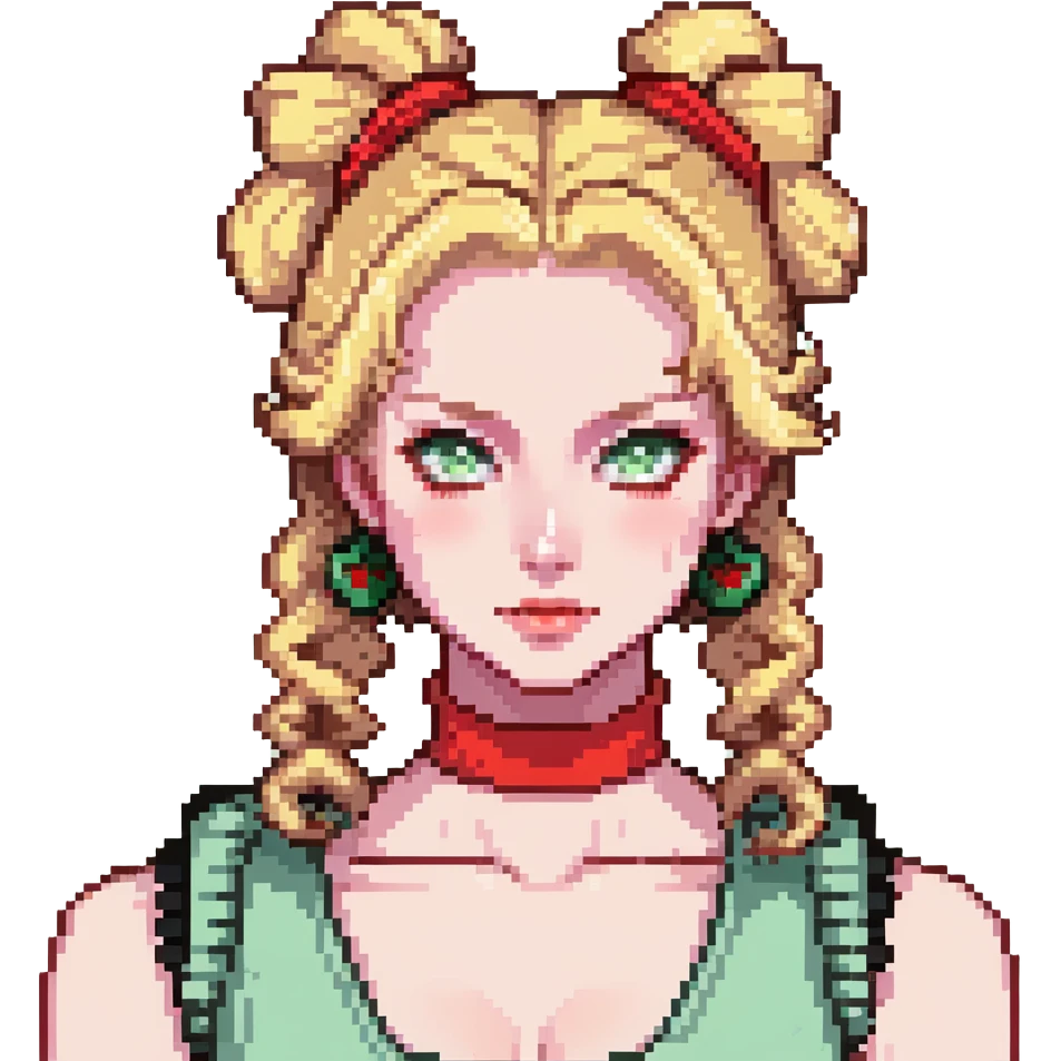 character with blonde, curly shoulder-length hair tied back with a red scrunchie, pale white skin, pale green eyes emoji