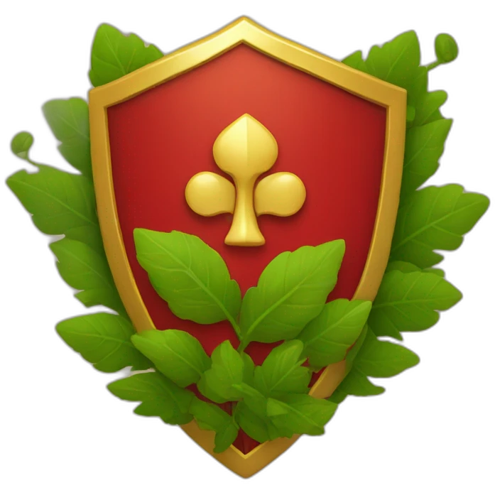 a red shield with a golden border and shrubbery behind it in a circular shape emoji
