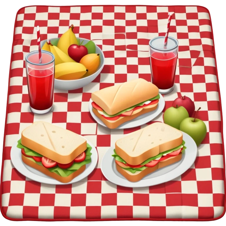 picnic with sandwiches, fruits, and drinks on a red and white checkered blanket emoji