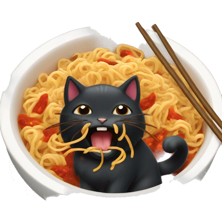 Fluffy black cat eating spicy buldak noodles  emoji