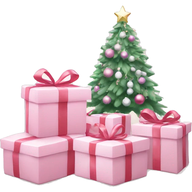Light pink Christmas gifts under a white Christmas tree  emoji