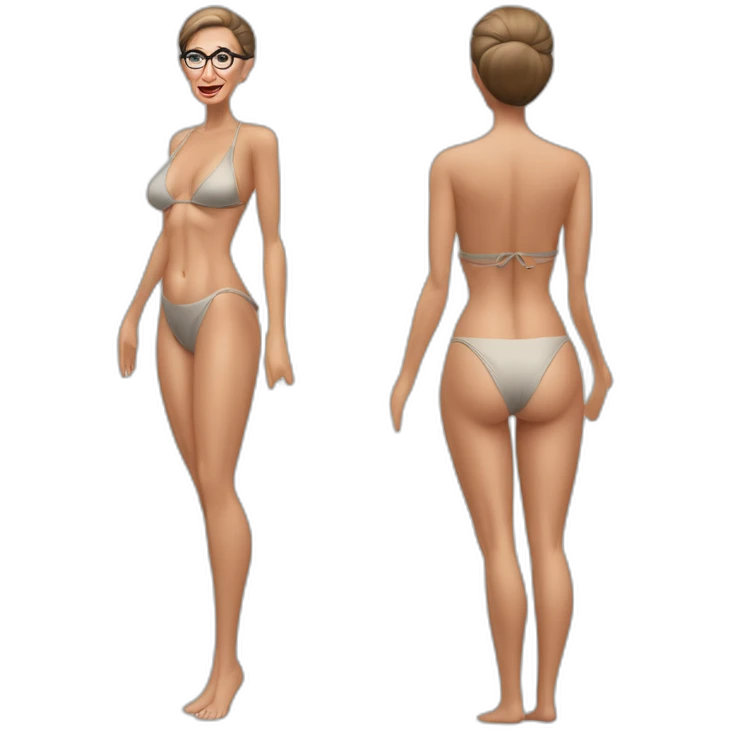 sexy ruth bader ginsburg wearing string bikini with crotchless bikini bottoms bare chest acting out that scene from basic instinct (full body, ios17, sitting legs apart) emoji