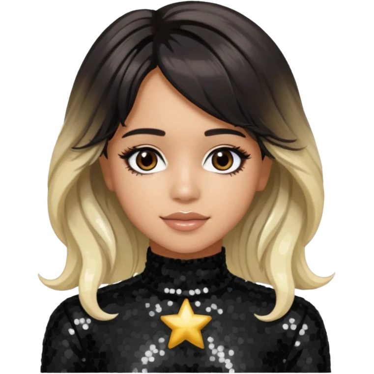 Camila Cabello from Fifth Harmony with long dark brown with platinum blonde highlights hair, black sequin outfit emoji