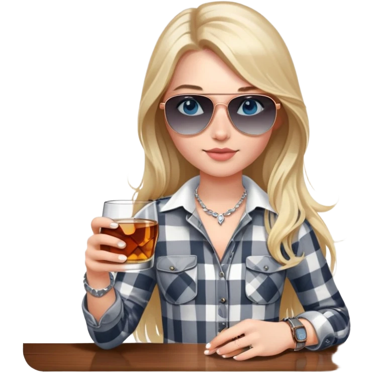 girl
blue eyes
long blond hair with daisy in it
wearing grey/white plaid shirt
wearing aviator sunglasses
wearing silver necklace around her neck
holding a glass of whiskey 
wearing rose gold apple watch  emoji