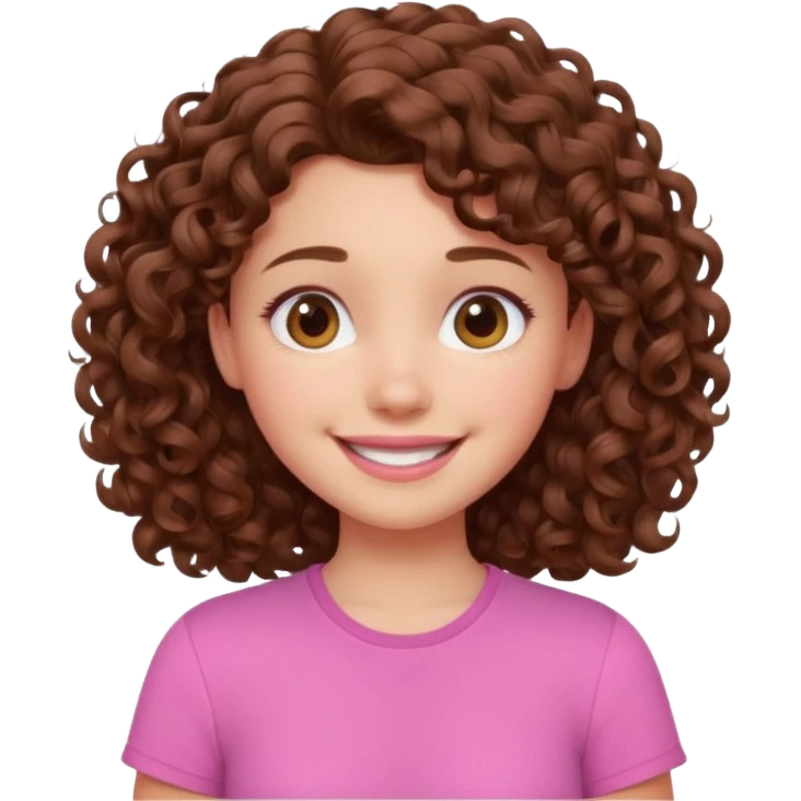 cute brown haired girl with curly hair and bright smile, make it pixar style emoji