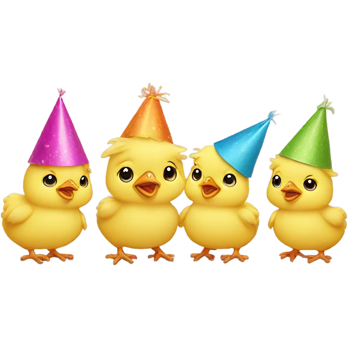 4 baby yellow chickens, wearing party hats emoji
