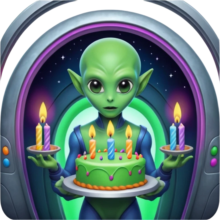 A detailed alien holding a colorful birthday cake with lit candles, standing inside a futuristic spaceship, cinematic lighting, ultra realistic textures, high resolution, dramatic shadows, sci-fi atmosphere
 emoji