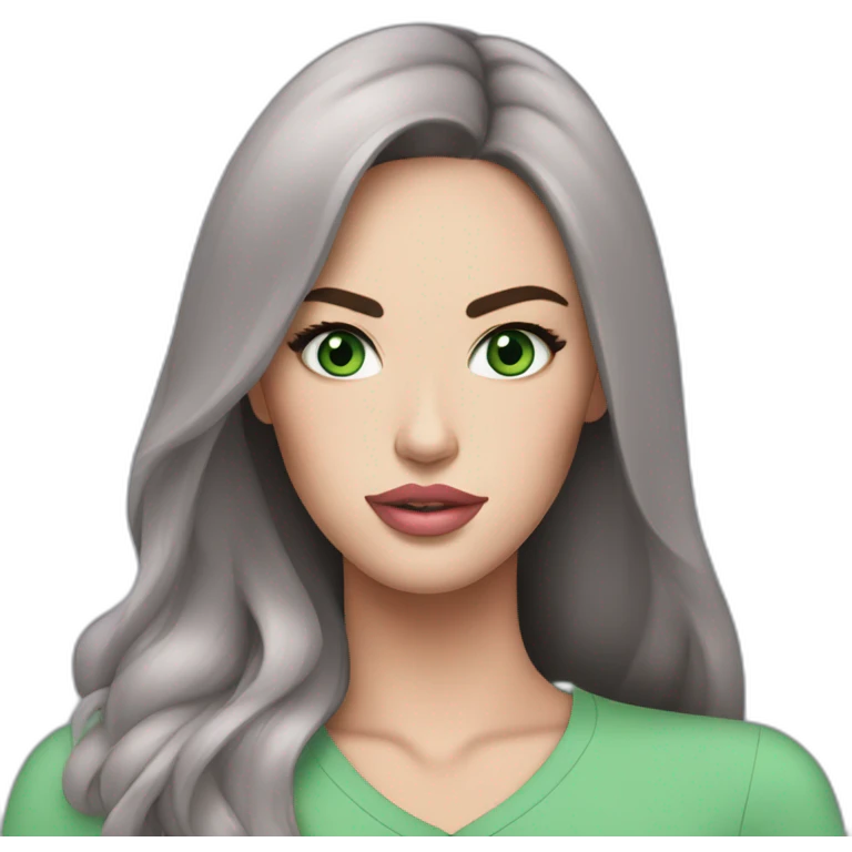 megan fox with green eyes and soft pink lips, blue shirt emoji