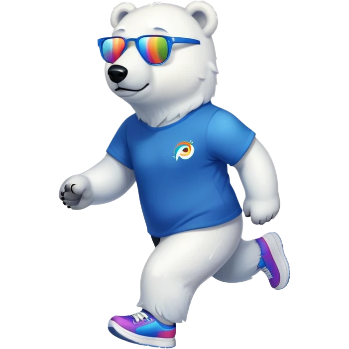strong-looking friendly anthropomorphised polar bear walking with a confident stride, wearing a royal blue t-shirt, black pants, trainers, and colorful rainbow glasses emoji