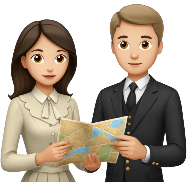 Russian man and elegant Spanish girl in elegant outfits with a map planning  emoji