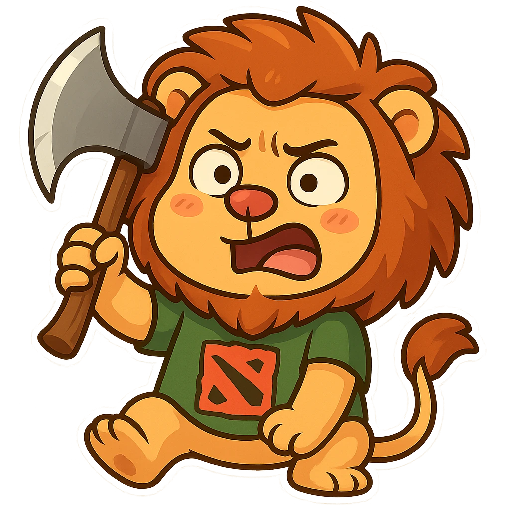 lion with human features holding an axe playing Dota, Telegram sticker style, bright colors, funny facial expression emoji