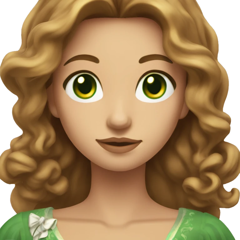 Woman with green eyes, brown long wavy hair, dressed in dress, holding shooting bow emoji