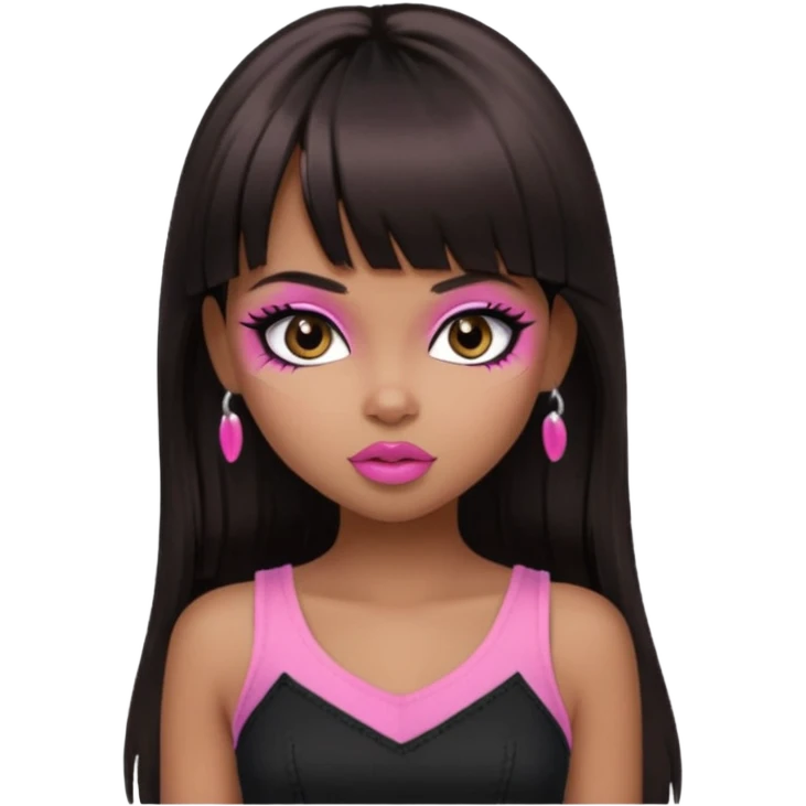 generate a pretty bratz girl in black cami top, dark brown straight long hair with bangs, eyeliner on, dark brown eyes emoji