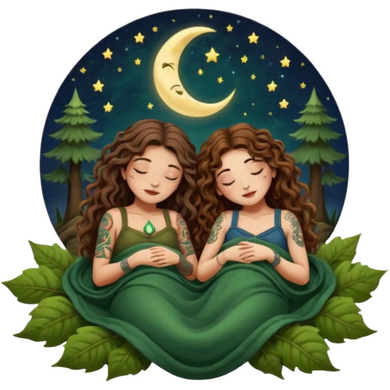 two forest alchemist women — one with long wavy brown hair and tattoos, one with short tight curly brown hair — sleeping back to back under leaf blanket crescent moon above emoji