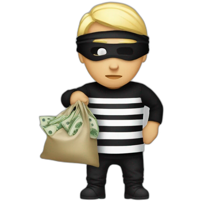robber with blonde hair wearing a black beanie and a long sleeved white and black horizontally striped t-shirt and wearing black eye mask and holding a bag of money in their left shoulder emoji
