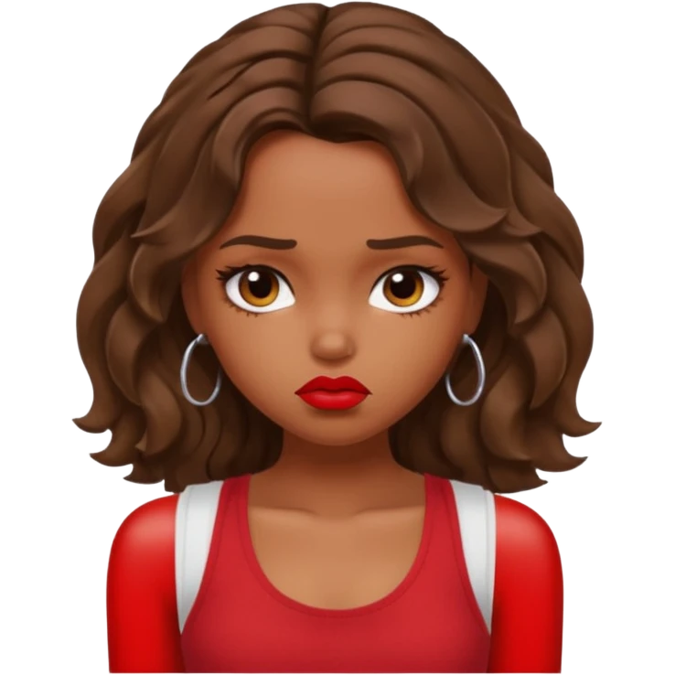 generate a pretty tan bratz girl with brown wavy hair long wearing a red tank top, red lipstick. Looking sad emoji
