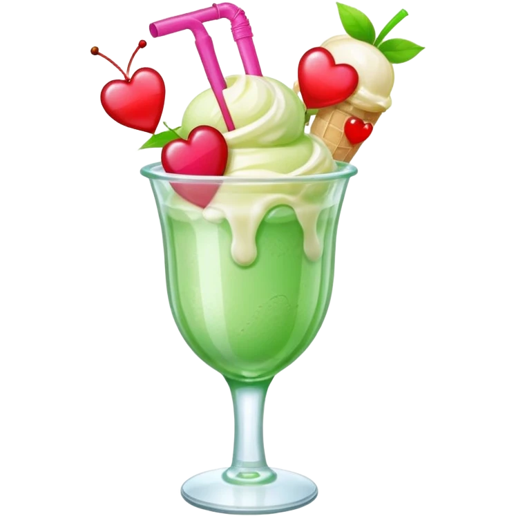 Create an emoji with a clear rounded glass, bright transparent green soda, vanilla ice cream scoop, two red cherries, pink heart-shaped straw, simple shapes, bright colors.
 emoji