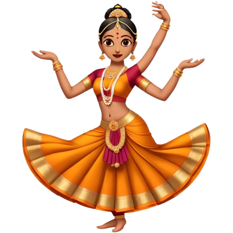 Cinematic Realistic Bharatanatyam Dance Emoji, depicted as an elegant classical Indian dance performance with graceful poses, intricate costumes, and expressive hand gestures, rendered with rich textures and warm dramatic lighting that captures its timeless beauty. emoji