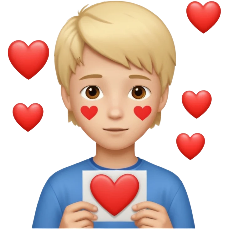 Un garçon blond aux yeux marrons de 13 ans qui tient avec ses mains un L avec des cœurs autour de son visage emoji