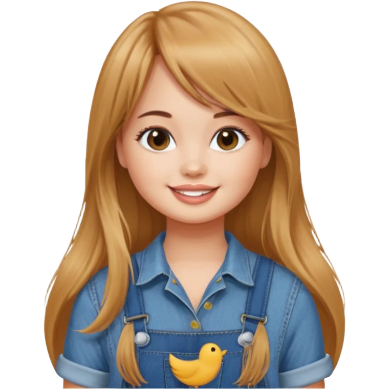 Debby Ryan (long hair with straight bangs) wearing overalls emoji