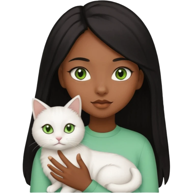 black girl with brown eyes with straight long black hair with a side part.  holding a female white cat with green eyes emoji