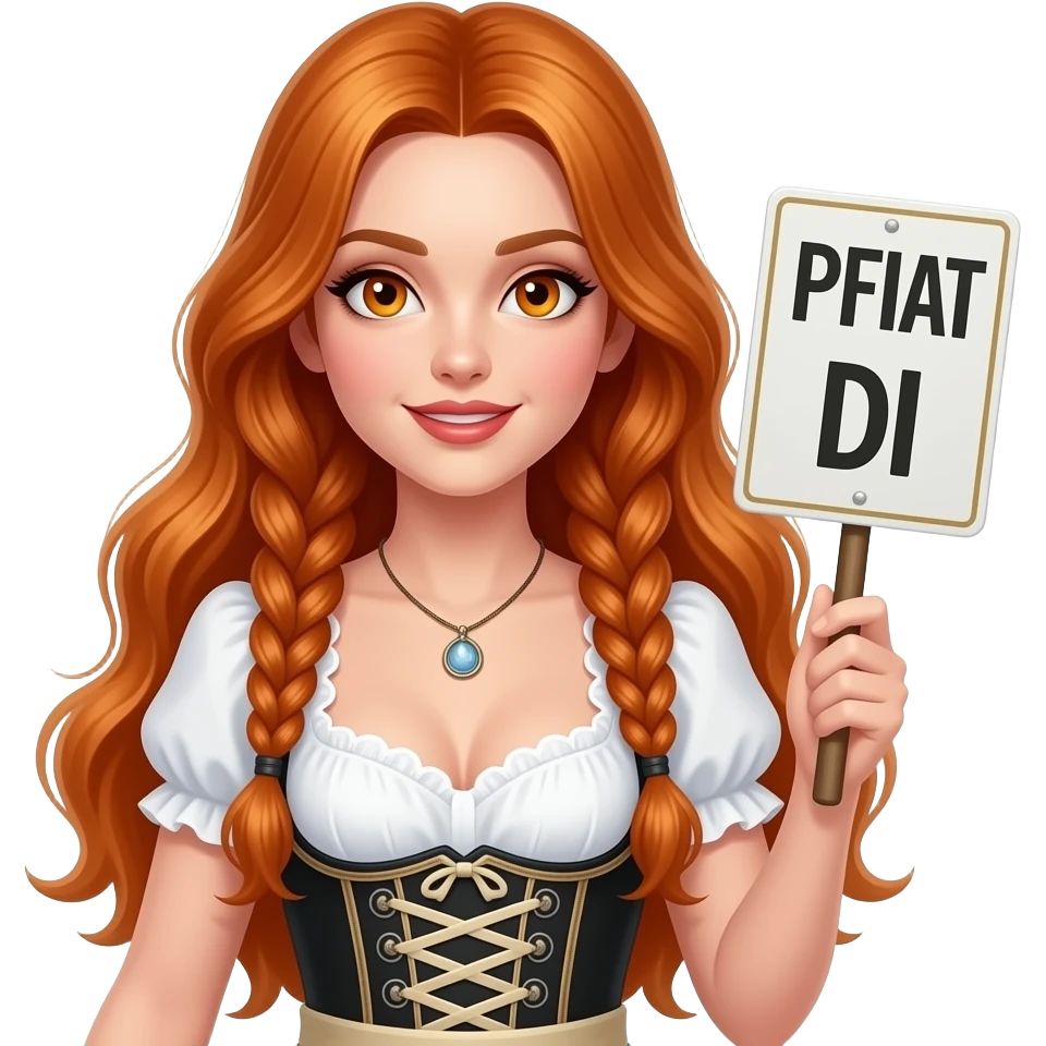 sexy girl with overlong ginger hair in braids and ginger eyes wearing a dirndl holding a PFIAT DI sign emoji