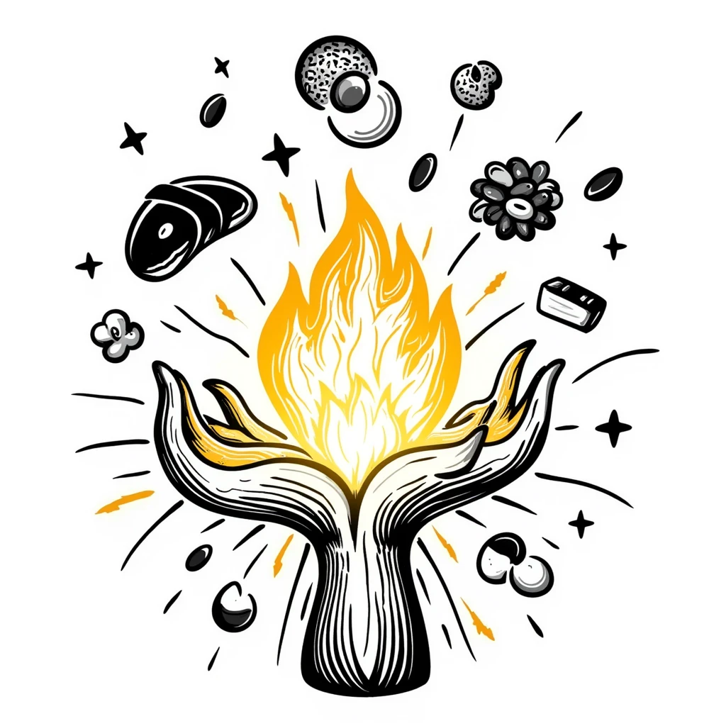 Glowing muscle fibers illuminated from within, vibrating and expanding with energy. Food icons (meat, egg, beans, tofu, yogurt) orbit around the muscle fibers in a warm floating orb. emoji