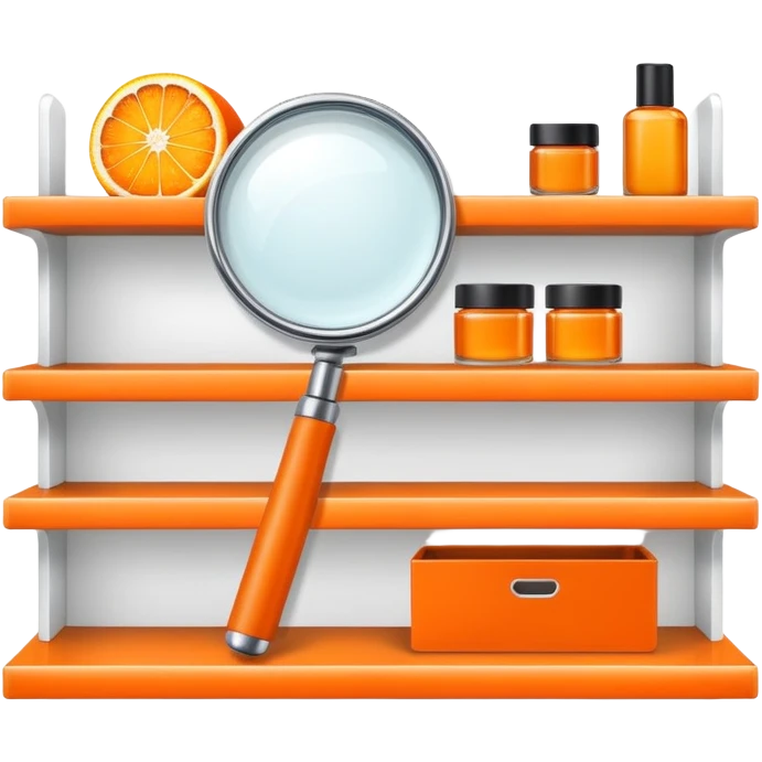 front view magnifying glass over orange beauty product shelf searching for last item emoji